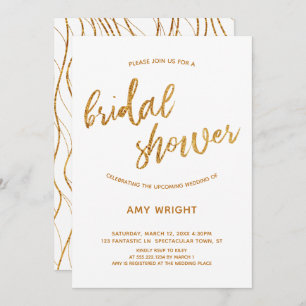 Modern Gold Waves Handwriting White Bridal Shower Invitation