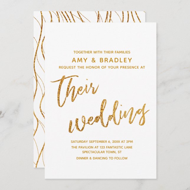 Modern Gold Waves Handwriting White Wedding Invitation (Front/Back)
