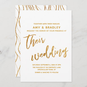 Modern Gold Waves Handwriting White Wedding Invitation