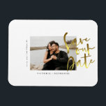 Modern Gold Wedding Photo Save The Date Magnet<br><div class="desc">Design features your awesome photo with Save The Date phrase in a modern gold script.  Easily customise with important information of choice.  Will compliment any modern wedding theme,  and any season.</div>