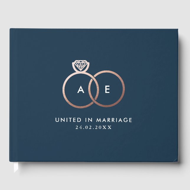 Modern Gold Wedding Rings Monogram Navy Guestbook (Front)