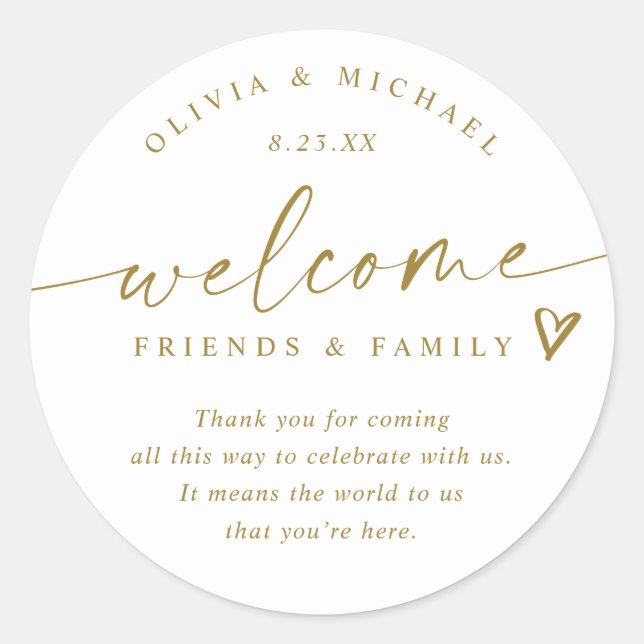 Modern Gold Wedding Welcome Hotel Bag Classic Round Sticker (Front)