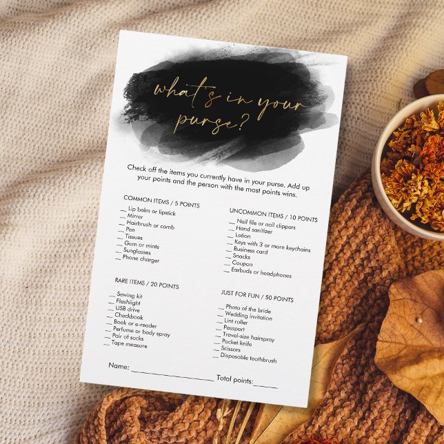 Modern Gold Whats in Your Purse Bridal Shower Game (modern minimalist black and gold "WHAT's in your purse" bridal shower game)