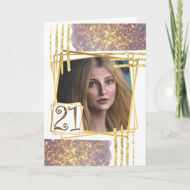 Modern gold white 21st geometric glitter shapes card (Front)