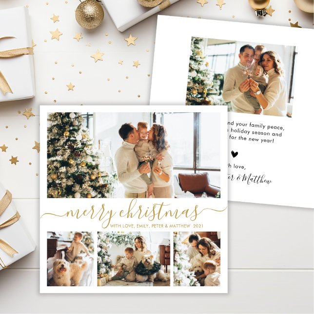 Modern Gold White 4 Photo Collage Christmas Holiday Card (Creator Uploaded)