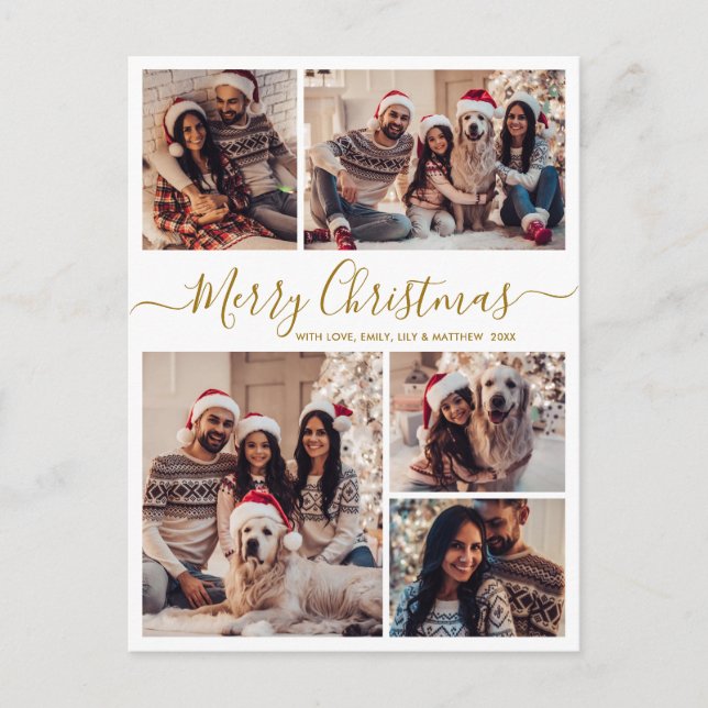 Modern Gold White 5 photo Collage Christmas  Postcard (Front)