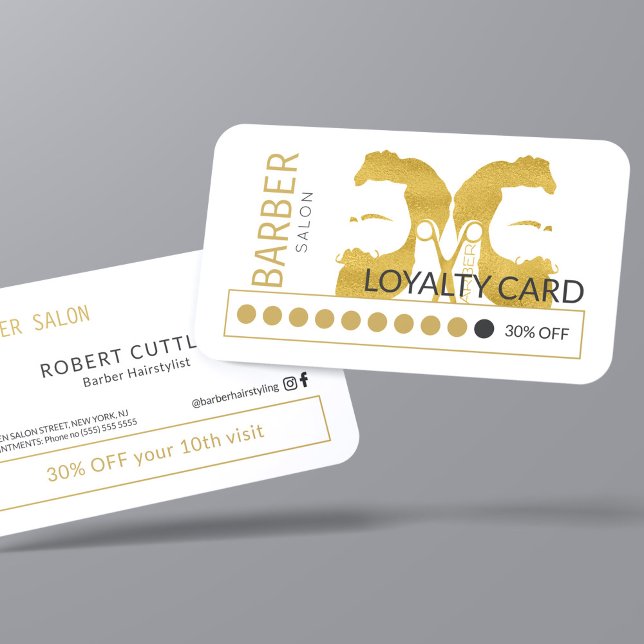 Modern gold white barber shop salon loyalty punch business card (Creator Uploaded)