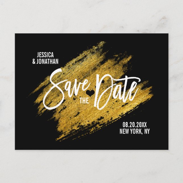 Modern Gold White Black Wedding SAVE THE DATE Announcement Postcard (Front)