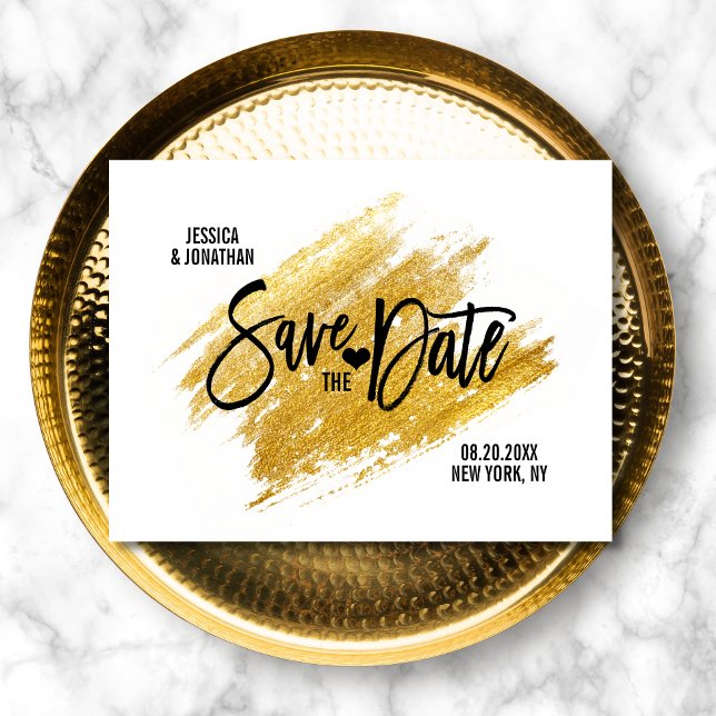 Modern Gold White Black Wedding SAVE THE DATE Announcement Postcard (Creator Uploaded)