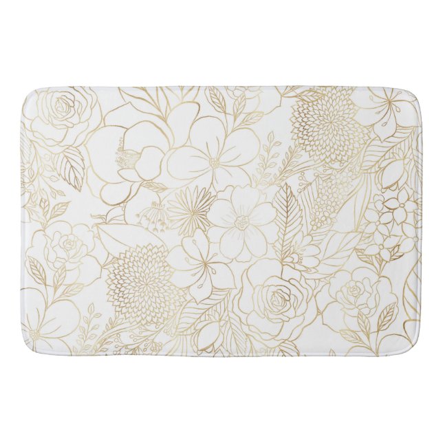 Modern Gold White Floral Doodles line art Bath Mat (Front)