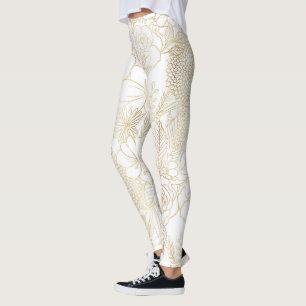 Modern Gold White Floral Doodles line art Leggings