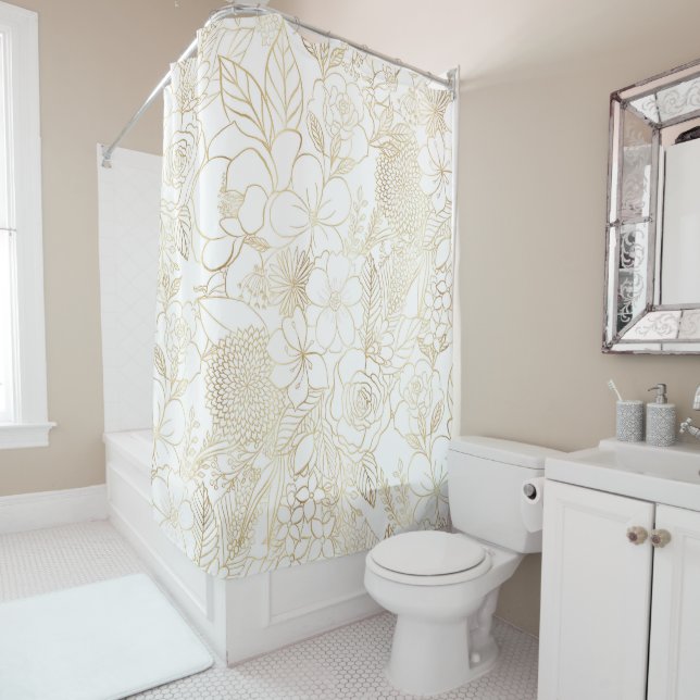 Modern Gold White Floral Doodles line art Shower Curtain (In Situ)