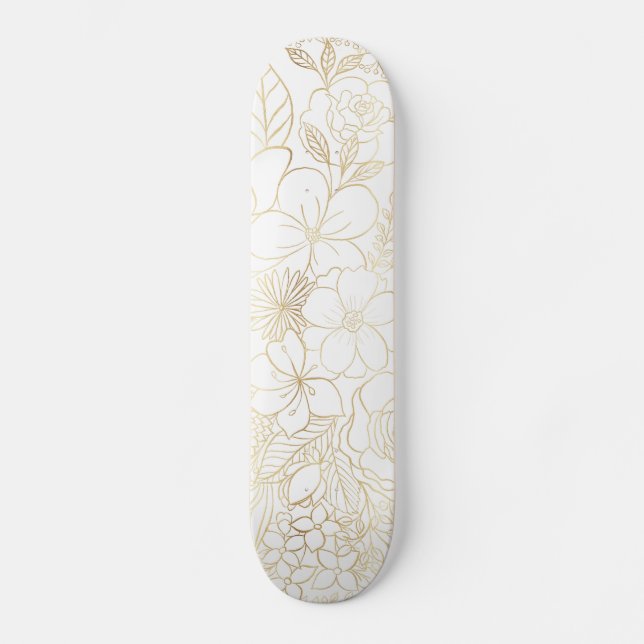 Modern Gold White Floral Doodles line art Skateboard (Front)