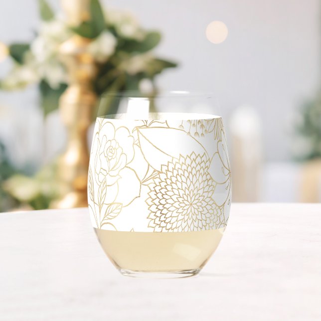 Modern Gold White Floral Doodles line art Stemless Wine Glass (Insitu (Wedding))