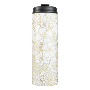 Modern Gold White Floral Doodles line art Thermal Tumbler
