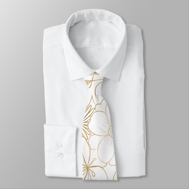 Modern Gold White Floral Doodles line art Tie (Tied)