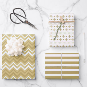 Modern Gold White Geometric Stripe Christmas Wrapping Paper Sheet