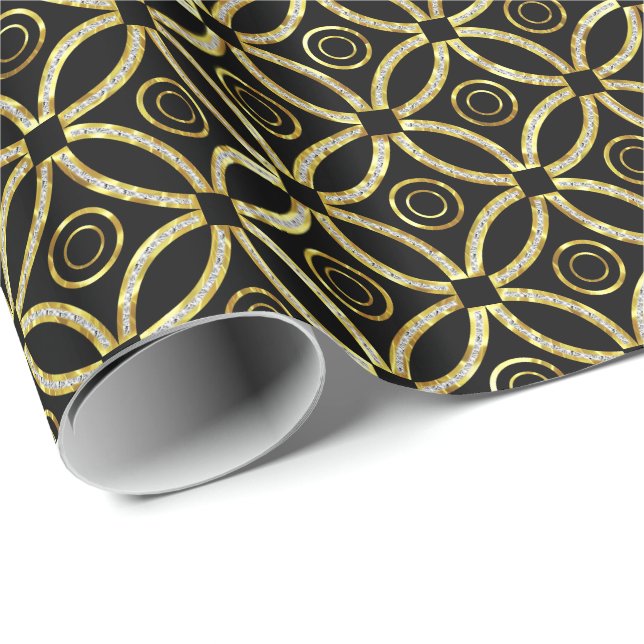 Modern Gold & White Glitter Geometric On Black Wrapping Paper (Roll Corner)