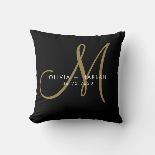 Modern Gold White Monogram Black Wedding Keepsake Cushion (Front)