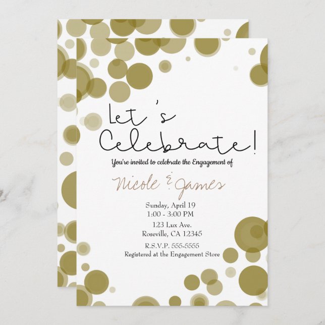 Modern Gold White Polka Dot Bubbles Celebrate Invitation (Front/Back)