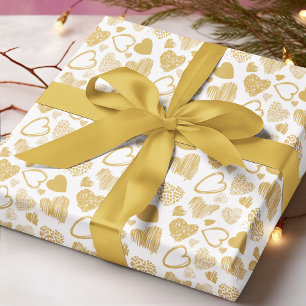 Modern Gold White Romantic Love Heart Doodle Wrapping Paper