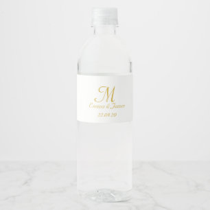 Modern Gold White Script Monogram Wedding Favour Water Bottle Label