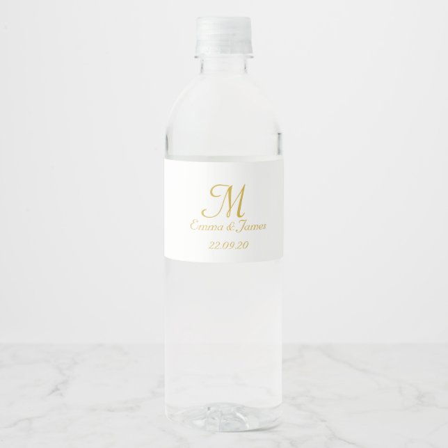 Modern Gold White Script Monogram Wedding Favour  Water Bottle Label (Front)