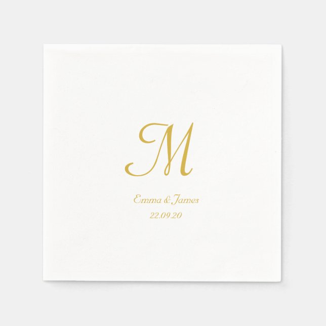 Modern Gold & White Script Monogram Wedding Party Napkin (Front)