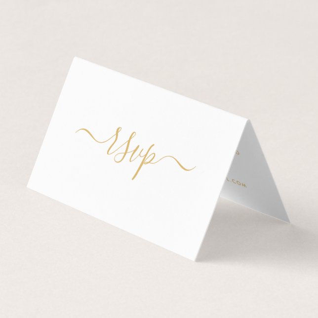 Modern Gold & White Simple Script Photo RSVP Card (Front)