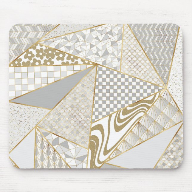 Modern Gold White Triangles Geometric Pattern Mouse Mat (Front)
