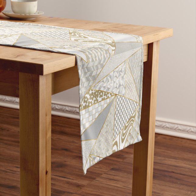 Modern Gold White Triangles Geometric Pattern Short Table Runner (In Situ)