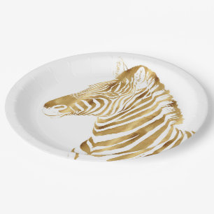 Modern Gold White Zebra Animal Safari Design Paper Plate