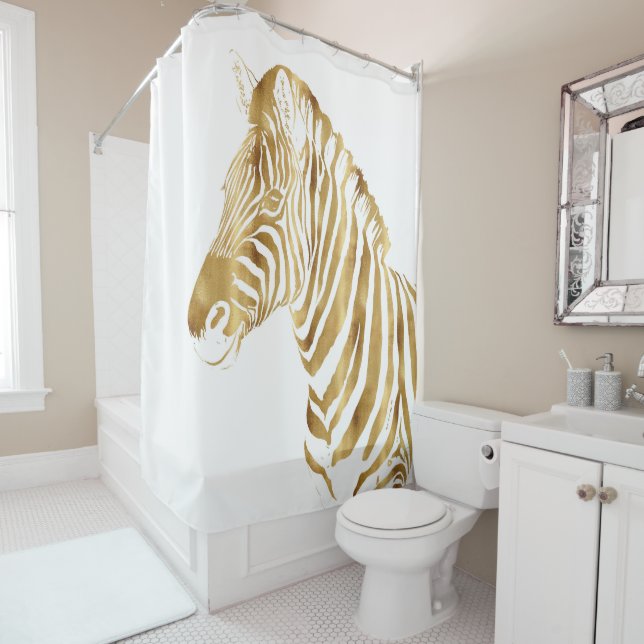 Modern Gold White Zebra Animal Safari Design Shower Curtain (In Situ)