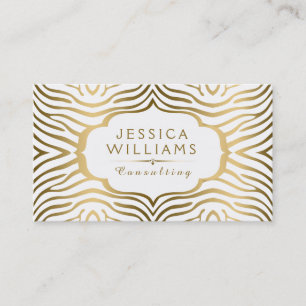 Modern Gold & White Zebra Swirly Frame Business Card