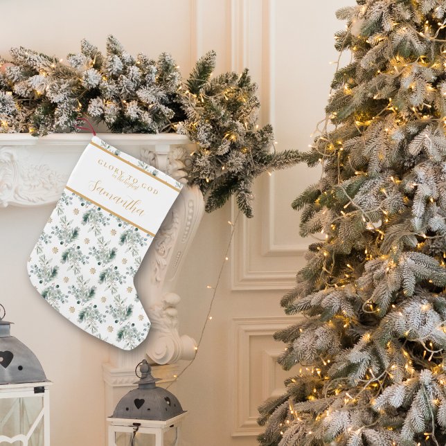 Modern Gold & Winter Greenery Religious Christmas Small Christmas Stocking (Modern religious Christmas stocking with Bible verse, gold calligraphy script and winter greenery)