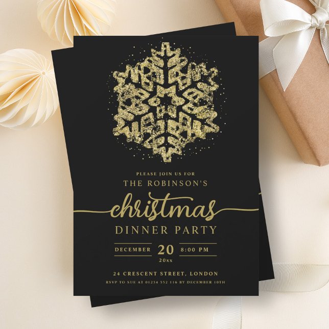 Modern Gold Winter Snowflake Christmas Black Invitation (Modern Gold Winter Snowflake Christmas Black Invitation)