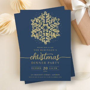 Modern Gold Winter Snowflake Christmas Navy Invitation