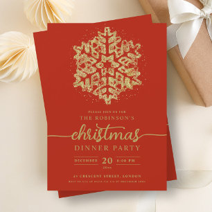 Modern Gold Winter Snowflake Christmas Red  Invitation