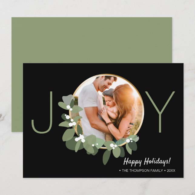 Modern Gold Wreath  Joy Christmas Photo Card (Front/Back)