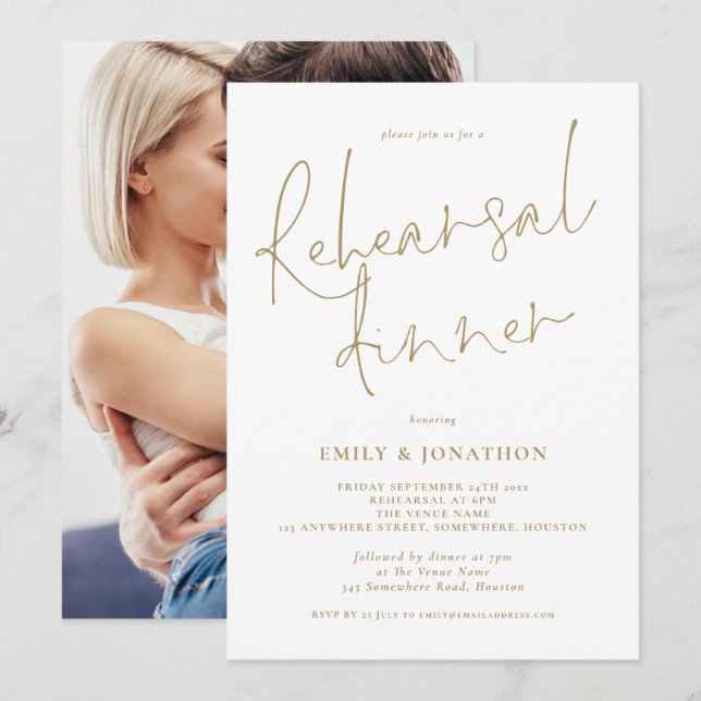 Modern Gold Writing Photo Wedding Rehearsal Dinner Invitation (Front/Back)