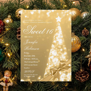 Modern Gold Xmas Tree Bow Sweet 16 Birthday Party Invitation