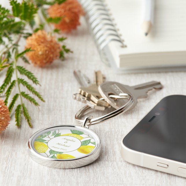 Modern Gold Yellow Lemons Green Leaves Wedding Key Key Ring (Side)