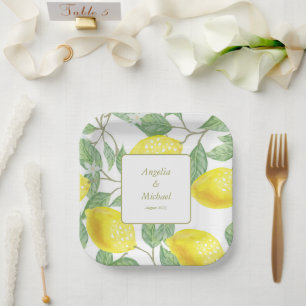 Modern Gold Yellow Lemons Green Leaves Wedding Paper Plate