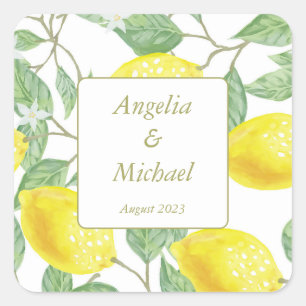 Modern Gold Yellow Lemons Green Leaves Wedding Square Sticker