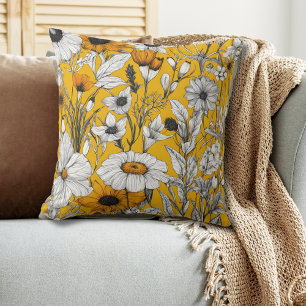 Modern Gold Yellow White Floral Cushion