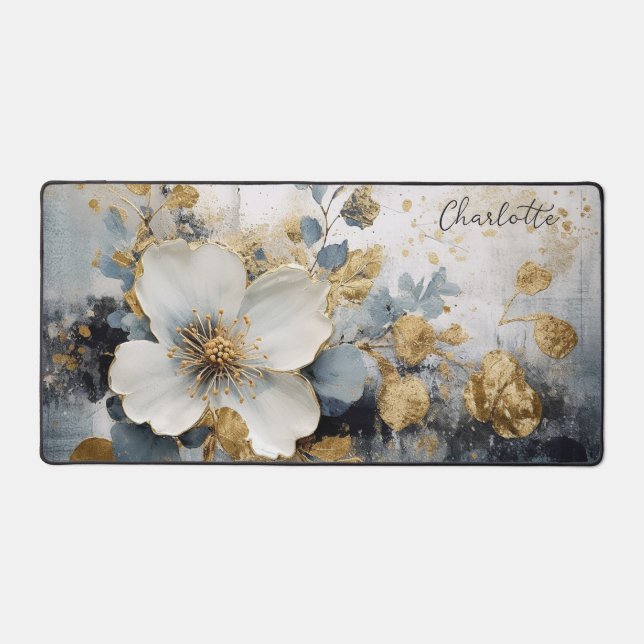 Modern Golden Abstract Floral Personalised Name Desk Mat (Front)