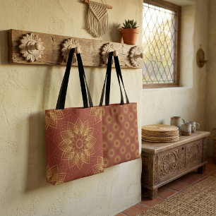Modern Golden and Terracotta Mandala Pattern Tote Bag
