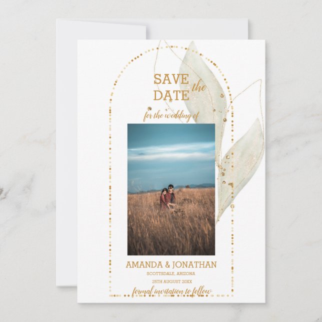 Modern Golden Arch Wedding Save the Date Card (Front)