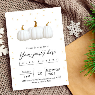 modern golden autumn white pumpkin glitter snow  invitation