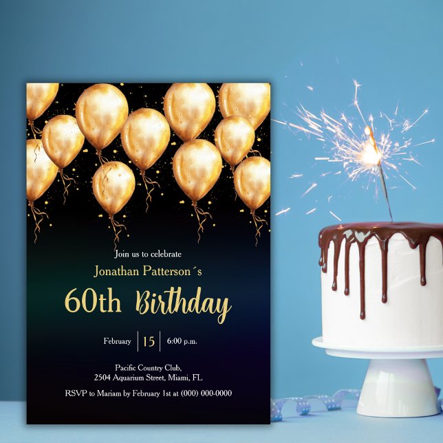 Modern Golden Balloon 60th Birthday Party Invitation (Creator Uploaded)